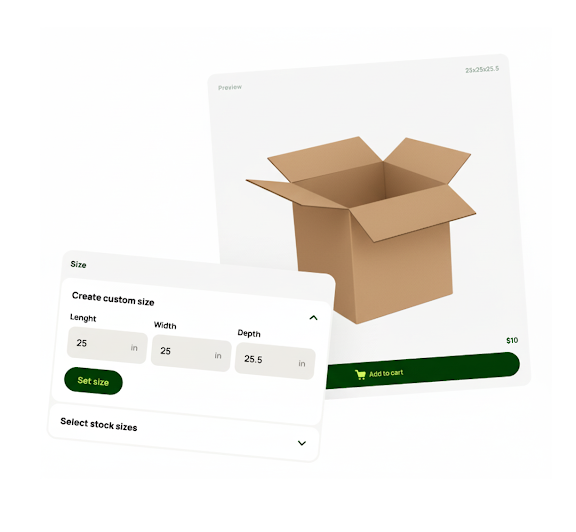 PackMart.com custom box creation interface showing dimension inputs and 3D brown cardboard box preview